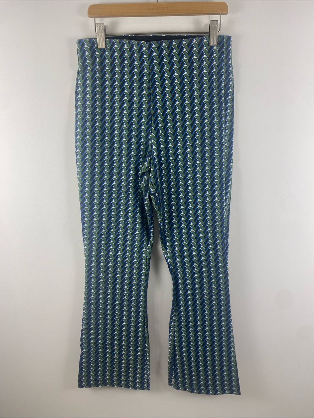 ZARA Hi Rise Stretch Mini Flare Green Blue Geometric Print Pull On Pants Size M